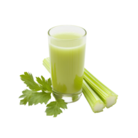 Celery juice with fresh celery stalks isolated on a transparent background png