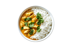 Chicken curry with rice in a bowl isolated on a transparent background png