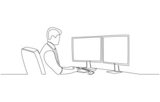 Continuous one line drawing of male office worker working with dual monitors, office work concept, single line art vector