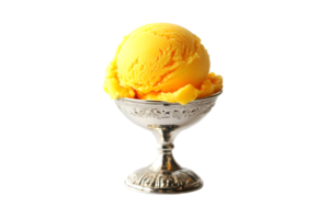 Mango ice cream scoop in a silver bowl on a transparent background png