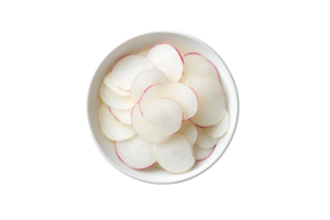 Radish slices in a white bowl isolated on a transparent background png