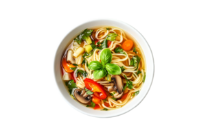 Vegetable noodle soup with mushrooms and chili isolated on a transparent background png