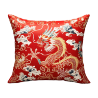 Decorative Chinese New Year red pillow with gold snake patterns isolated on transparent background png