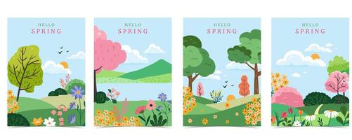 Spring landscape background with mountain and tree vector