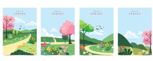 Spring landscape background with mountain and pink tree for a4 vertical design vector