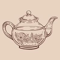Teapot of tea with lemon slices, tea leaves. Hand drawn illustration in outline style. vector