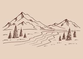Landscape with mountains and forest. Hand drawn illustration. vector