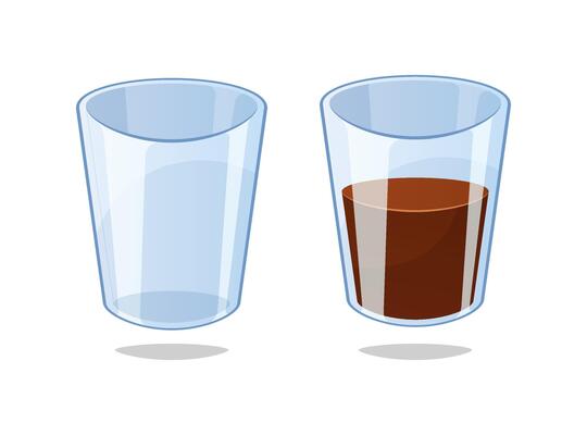 Empty glasses and glasses filled with coffee or soda isolated on white background.