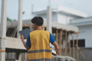 worker inspection while in Left hand hold tablet. inspector engineer using tablet. photo