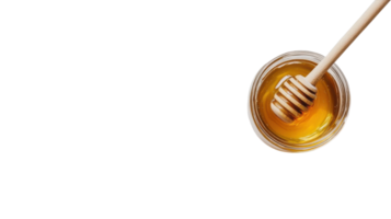 Captivating Glass Jar of Honey with a Wooden Dipper Perfect for Sweetening Beverages and Baking. png
