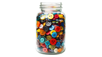 A Beautiful and Colorful Glass Jar Filled with Assorted Buttons Perfect for Crafting Projects, Home Decor, and Creative Organization. png
