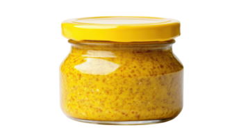 A vibrant glass jar filled with bright yellow mustard, perfect for enhancing your culinary creations and adding flavor to sandwiches or salads, ideal for food photography and culinary blogs.. png