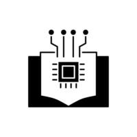 AI in education solid icon design. Implementation AI in education sector. Book with chip and circuits design vector