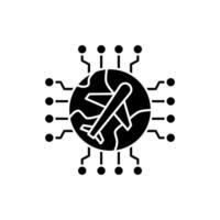 AI in travel solid icon design. Implementation AI in travel sector. Plane with globe and circuits design vector