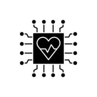 AI in healthcare solid icon design. Implementation AI in health sector. Chip with heart and pulse line design vector