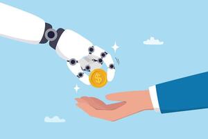 Artificial intelligence AI make money, data licensing resource for AI training payment, automation investment, robot trading or banking concept, AI robot hand giving dollar money to businessman. vector
