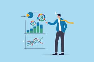 Financial data, investment chart and graph diagram, accounting report, datum growth, marketing analysis, statistics presentation concept, businessman present financial data diagram with dollar sign. vector