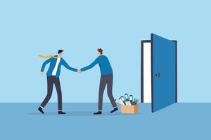Offboarding process for employee leaving company, farewell or departure, quit job, decision for new opportunity, terminate work contract process, businessman manager check hands with leaving employee. vector