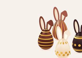 Happy Easter day background realistic chocolate gold eggs with rabbit ears. Holiday concept, template, layout. Spring illustration of brown, beige colors vector