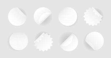 Set round self adhesive stickers with folded edges. White paper circle with shadows, soft zigzag shapes. Blank layout for any notes. illustration vector