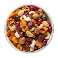 Mixed Nuts and Dried Fruits in a white bowl isolated on transparent background png