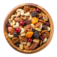 Mixed Nuts and Dried Fruits in a wooden bowl isolated on transparent background png