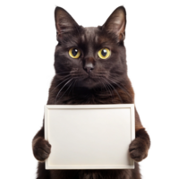 black Cat holding a empty blank sign board isolated on transparent background png