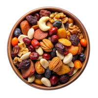 Mixed Nuts and Dried Fruits in a brown bowl isolated on transparent background png