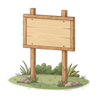 cartoon style wooden blank sign board with grass isolated on transparent background png