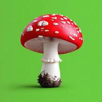 bright red mushroom with white spots on green background photo