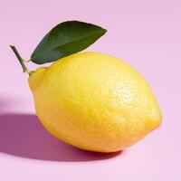 Bright yellow lemon with dimpled skin and green leaf photo