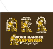 The character of a carpenter is sawing wood with a chainsaw. Flat art retro illustration in 4 type vector