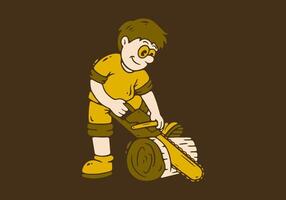 The character of a carpenter is sawing wood with a chainsaw. Flat art retro illustration vector