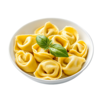 A bowl of pasta with a leaf of basil png