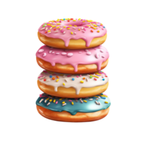 Stack of colorful frosted donuts topped with sprinkles and a glossy finish png