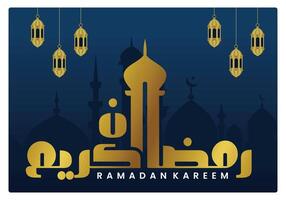 Elegant Ramadan Kareem greeting with lanterns and mosque silhouette. vector