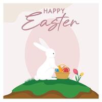 Happy Easter with a bunny and a basket of colorful eggs. vector