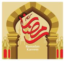 Ramadan Kareem greeting card with architecture, lanterns, and Arabic calligraphy. vector