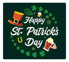 St. Patrick's Day greeting card Patrick with shamrocks, hats, and beer. vector