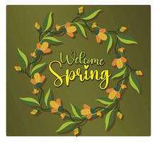 Spring welcome design with a wreath on a bright background. vector
