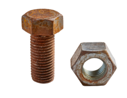 rusty bolt and matching nut on isolated background, aged hardware with corroded surface texture png