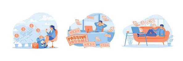 Young people sit relaxed in front of the computer and money comes out of the computer. vector