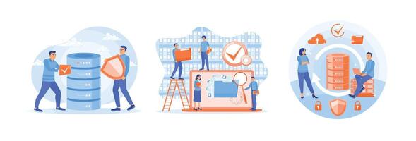 People use online data storage services connected to cloud computing. vector