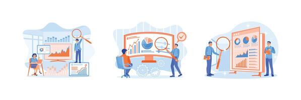 Business team analyzing financial report data on computer. vector