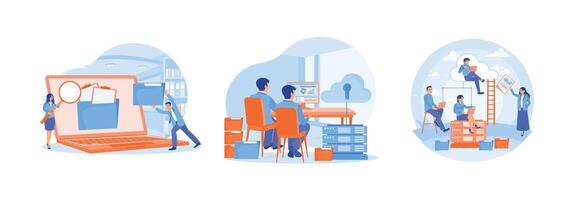 People search and save documents using cloud computing services on computers. vector