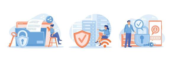 Young woman protecting and storing electronic data on server rack with cloud computing service. vector