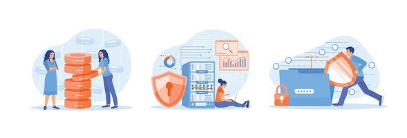 Woman analyzes data on computer, saves and protects files on server. vector
