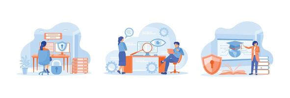 Female staff protects personal data from fraud. Attend cyber training in the work space. vector