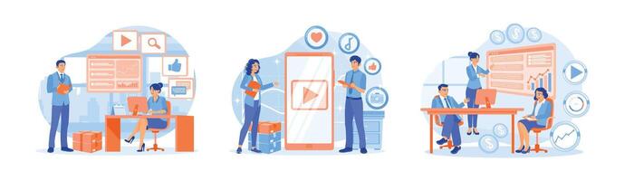 Business team analyzes data and places ads on social networks to improve marketing. vector
