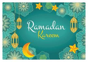 Decorative Ramadan Kareem greeting card with lanterns, moon, and flowers. vector
